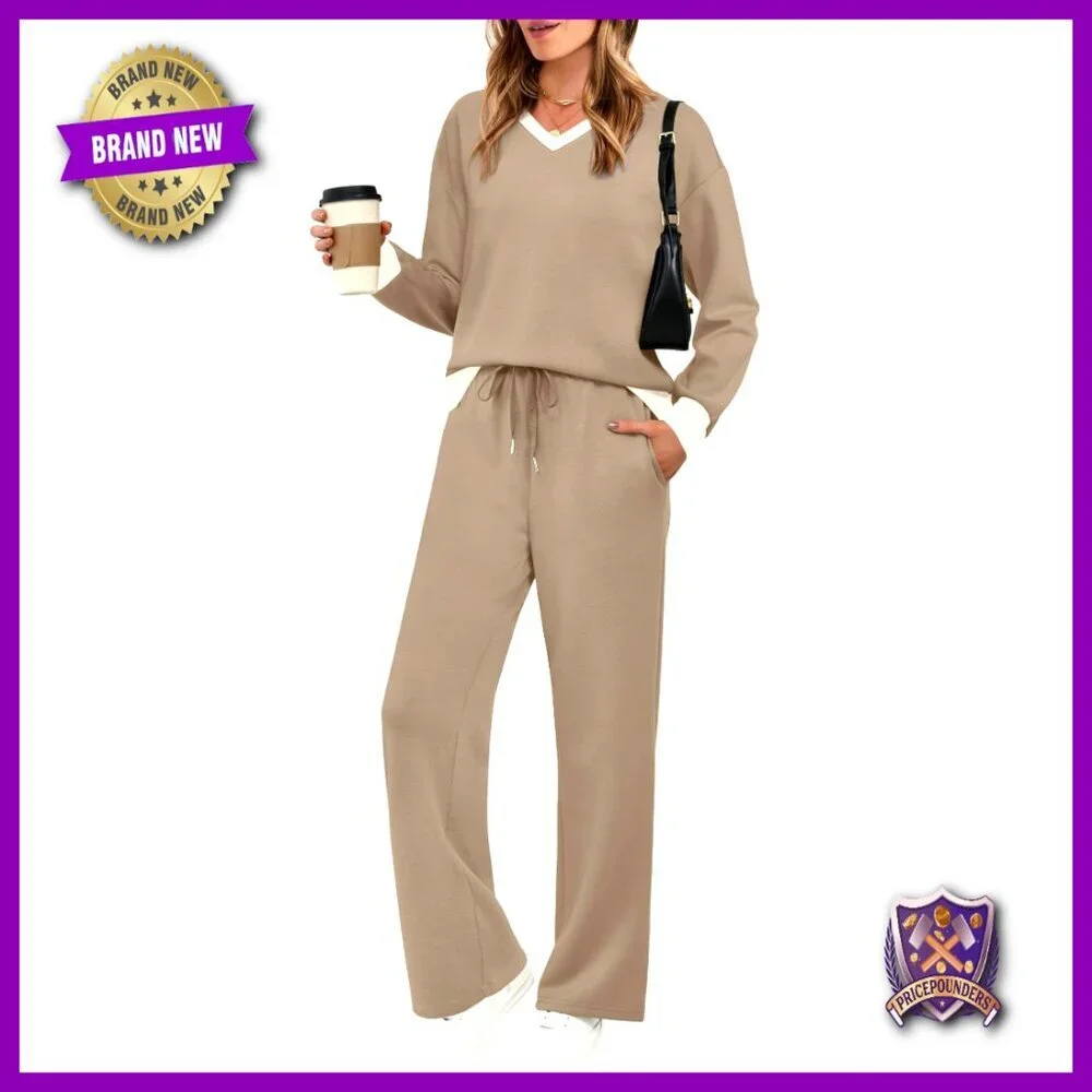 V-Neck Tracksuit Set Wide Leg Pants Lounge Wear Cozy Chic Casual Outfit